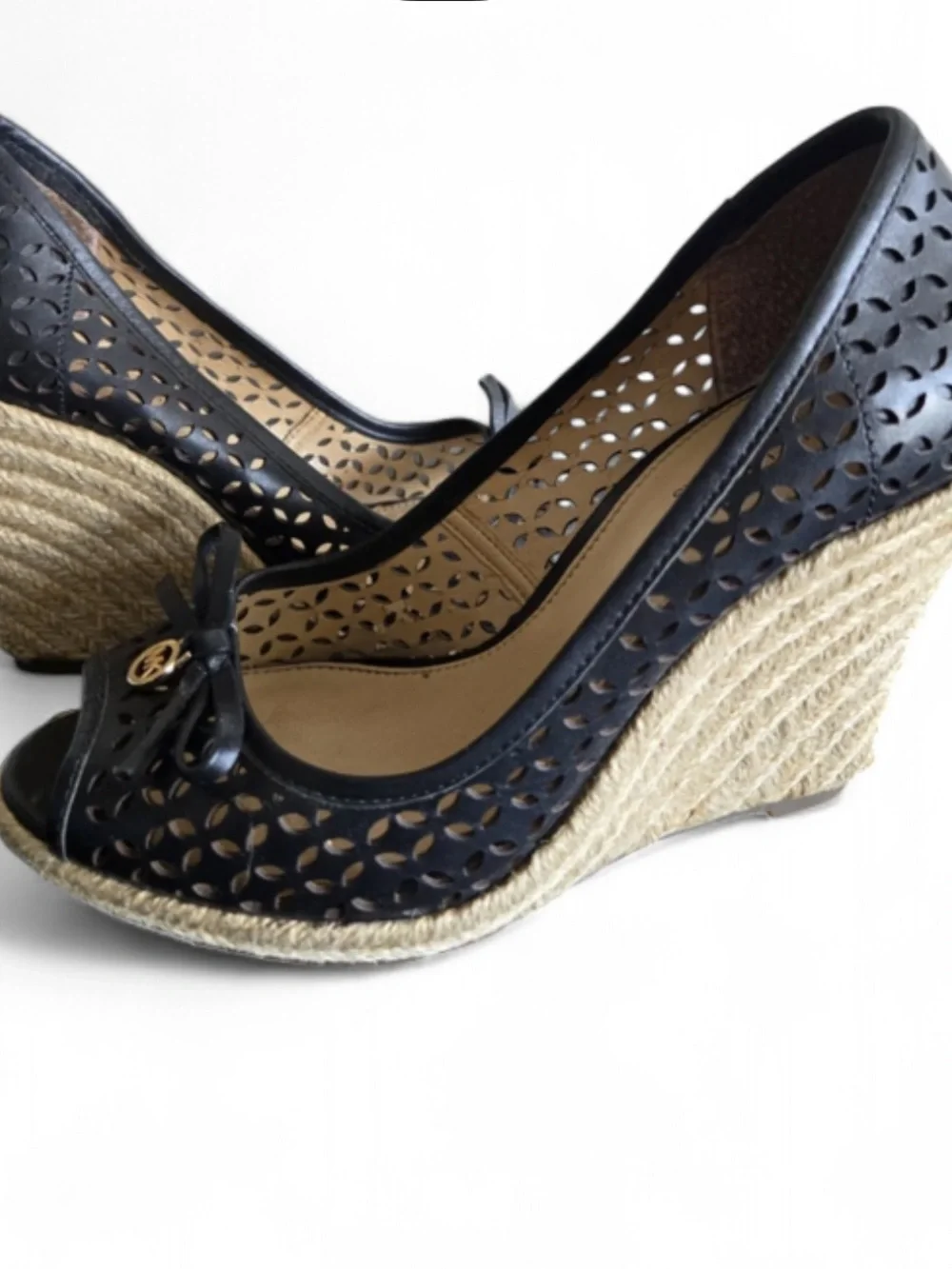 MICHAEL Michael Kors Black Perforated Peep-Toe Wedges with Gold Emblem